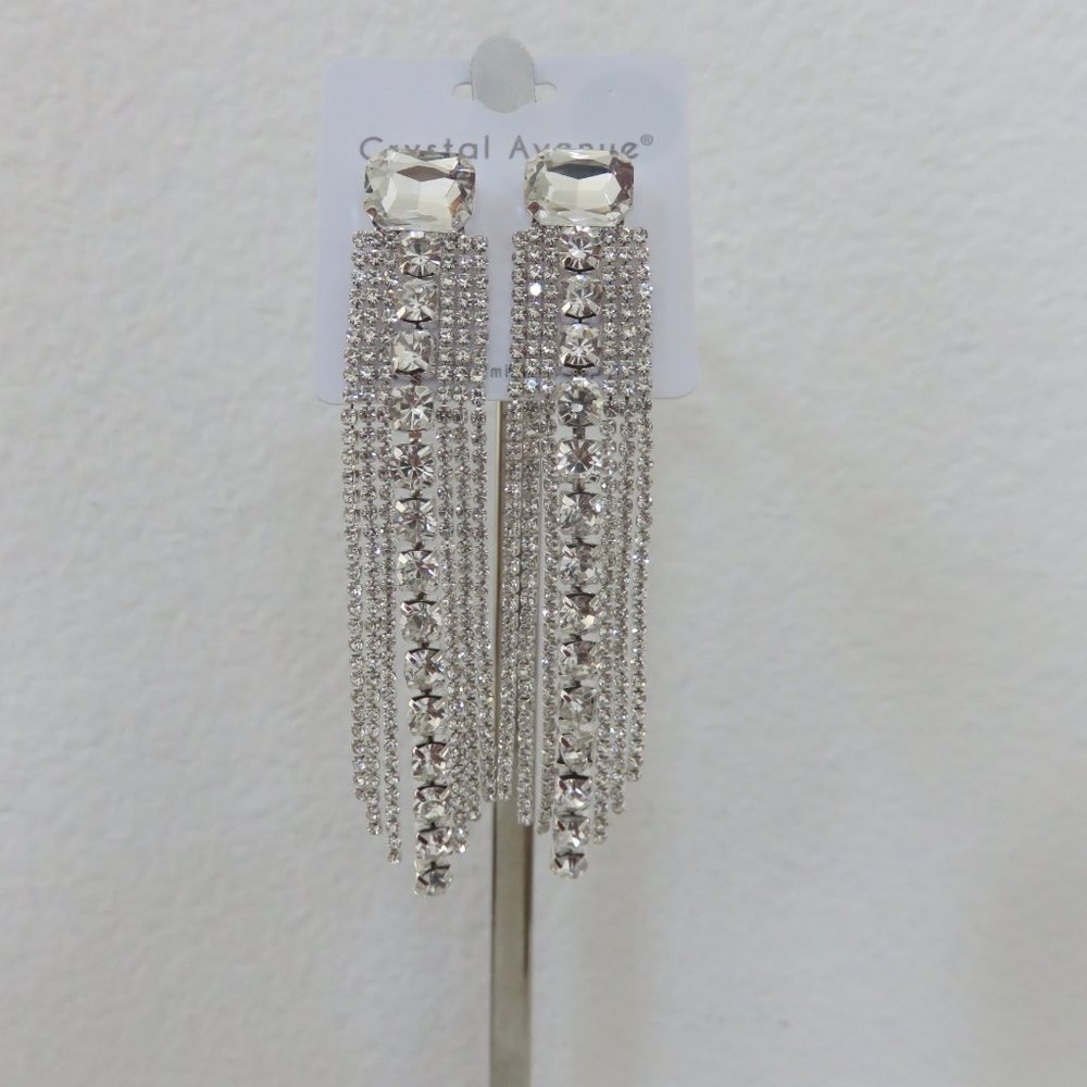 (#W) Crystal Avenue Earrings -  Long Silver chain rhinestones